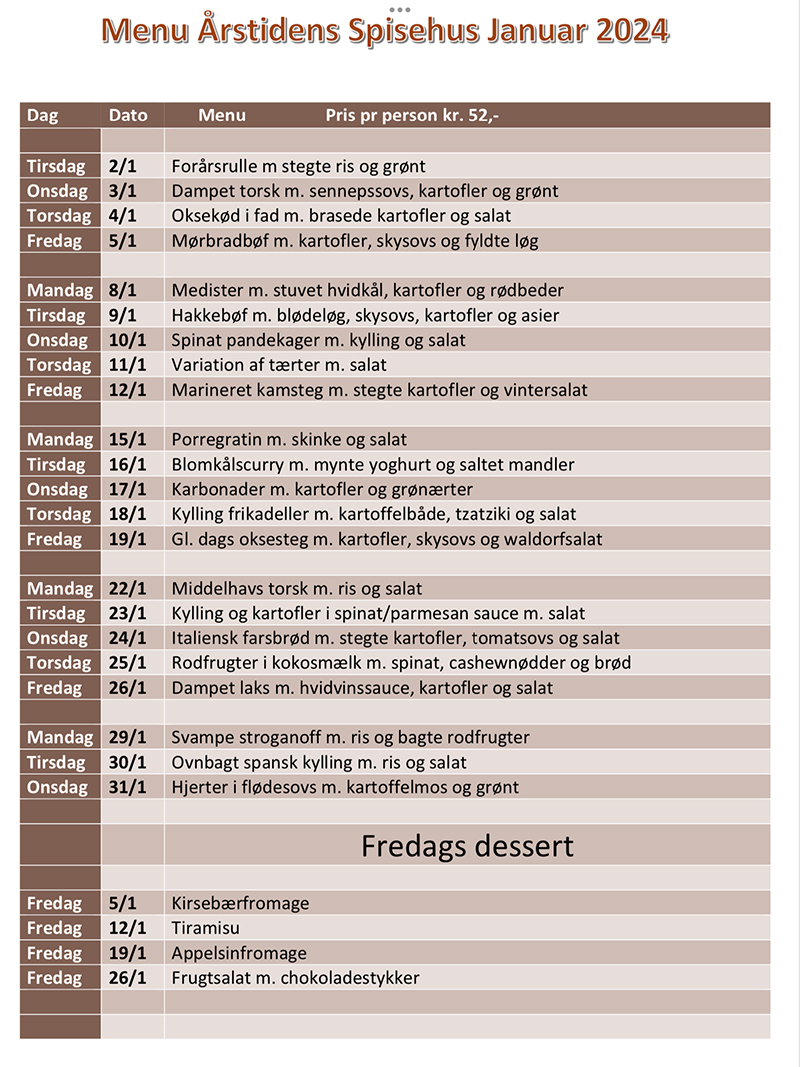 Årstidens Spisehus: Menu januar 2024