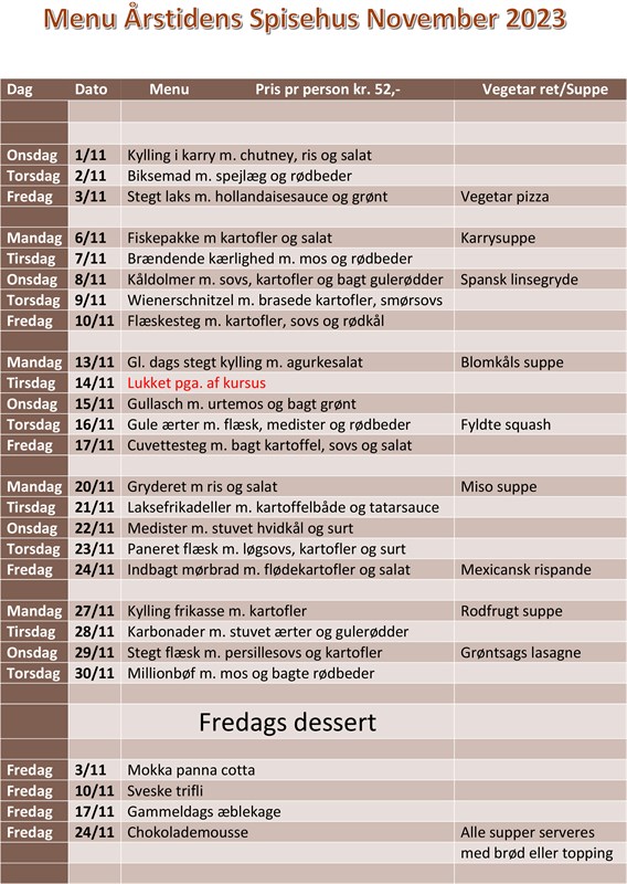 Årstidens Spisehus: Menu november 2023