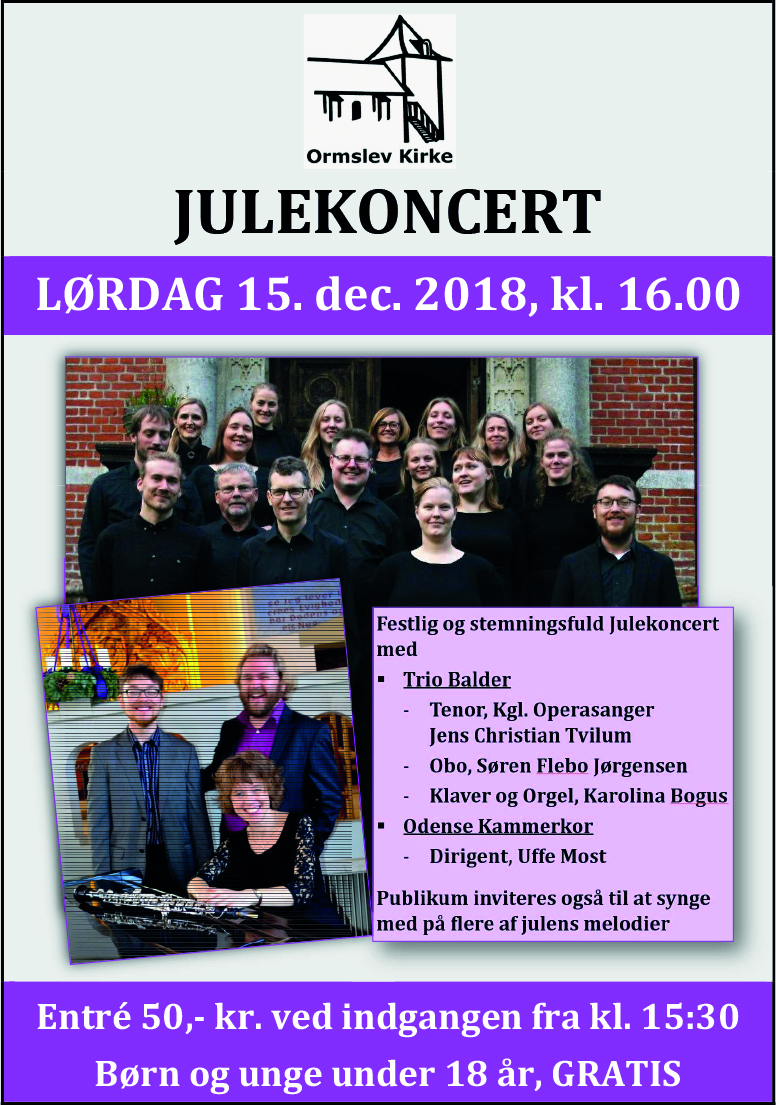 Ormslev Kirke: Julekoncert 15. december 2018 kl. 16.00